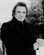 Johnny Cash The Man in Black looks cool in fringed western jacket 90s 8x10 photo