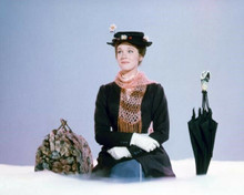 Julie Andrews as Mary Poppins sitting on cloud with umbrella and carpetbag 8x10