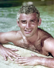 Jeff Chandler beefcake pose barechested at side of swimming pool 8x10 inch photo