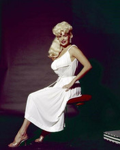 Jayne Mansfield elegant pose in white dress seated on stool 8x10 inch photo