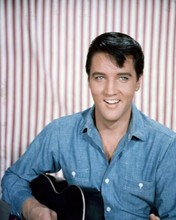 Elvis Presley looks cool in blue denim shirt holding guitar smiling 8x10 photo