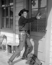 Robert Horton firing gun on porch Wagon Train 8x10 inch photo