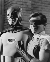 Batman TV series Adam West Burt Ward in costumes on set smiling 8x10 inch photo