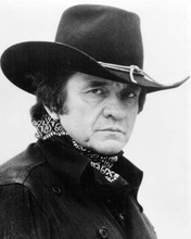 Johnny Cash wears black shirt & scarf and black western hat (rare) 8x10 photo