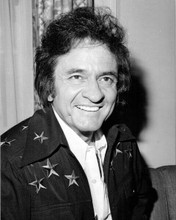 Johnny Cash smiling portrait wearing black jacket with stars on 1981 8x10 photo