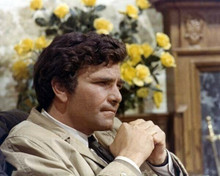 Peter Falk as Columbo sat in chair looking intense thinking 8x10 inch photo