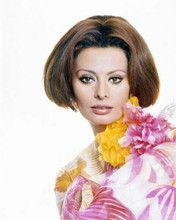 Sophia Loren with bob hair cut wearing colorful dress mid 1960's era 8x10 photo