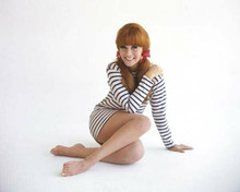 Ann-Margret 1960's leggy pose in striped mini dress seated on floor 8x10 photo