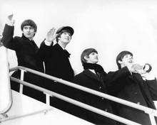 The Beatles The Fab Four arrive on airplane waving to fans 8x10 inch photo