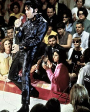 Elvis Presley full length pose on stage singing in black leather 11x14 photo