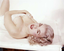 Jayne Mansfield 1950's era glamour pose huge cleavage on bed 11x14 photo