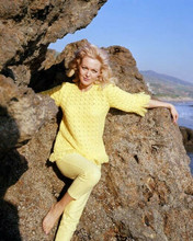 Carol Lynley wearing yellow top & pants leans against rock on beach 11x14 photo