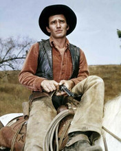 The Virginian James Drury holds pistol sitting on his horse 8x10 inch photo