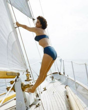 Linda Cristal 1960's pin-up pose in bikini posing on yacht 8x10 inch photo
