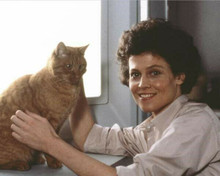 Sigourney Weaver smiling pose with ginger cat from Alien 8x10 inch photo