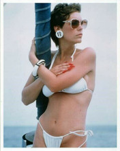 Jamie Lee Curtis wearing white bikini and sunglasses on yacht 8x10 inch photo