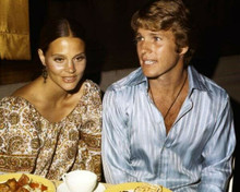 Ryan O'Neal with Leigh Taylor-Young candid 1970's seated restaurant 8x10 photo