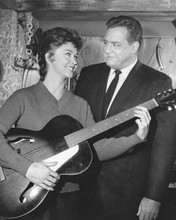 Perry Mason Raymond Burr smiling at unidentified guest playing guitar 8x10 photo