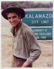 Elvis Presley young in western hat posing by Kalamazoo City Limit sign 8x10