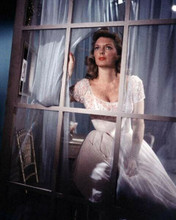 Julie London in white dress gazes out of window 8x10 inch photo