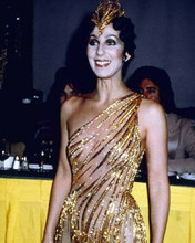 Cher smiling candid pose in stunning gold sequined dress 8x10 inch photo