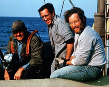 Jaws on Orca boat Robert Shaw Roy Scheider Richard Dreyfus smile between takes