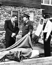 Perry Mason Raymond Burr looks at corpse outside house 8x10 inch photo