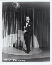Frank Sinatra full length pose on stage in tuxedo holding microphone 8x10 photo
