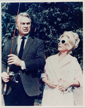 Green Acres TV series Eddie Albert holds fishing rod Eva Gabor in robe 8x10