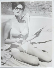 Raquel Welch sits on beach in white bikini wearing reading glasses 8x10 photo