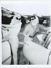 Jayne Mansfield Joan Collins pose in sunglasses with their cars 1957 on set