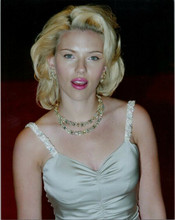 Scarlet Johansson candid in silver evening dress & gold jewelry lips parted 8x10