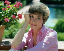 Julie Andrews casual pose in open pink shirt hand to face 1960's 8x10 inch photo