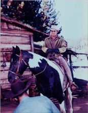 Michael Landon sits on horse outside homestead 8x10 inch photo Bonanza