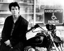 Christian Slater next to Harley Davidson FXRS SP Low Rider Heathers 8x10 photo