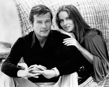 Spy Who Loved Me Roger Moore seated with Barbara Bach Bond & Anya 8x10 photo