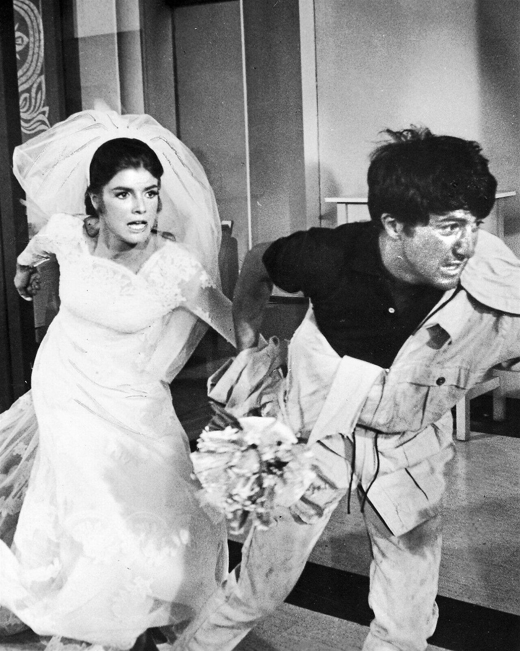 The Graduate Katharine Ross in wedding dress runs with Dustin