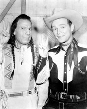 Iron Eyes Cody & Roy Rogers pose together doing peace sign 8x10 inch photo