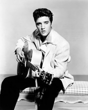 Elvis Presley in casual shirt and jacket seated with guitar 1950's 8x10 photo