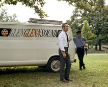 Paul Newman drinks beer beside Glen Glen Sound truck on 1960's set 8x10 photo