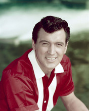 Rock Hudson smiling 1950's portrait in red casual shirt 8x10 inch photo