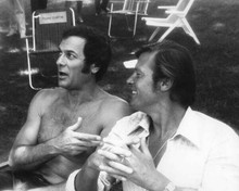 The Persuaders bare chested Tony Curtis relaxes on set Roger Moore 8x10 photo