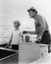 Flipper 1963 Chuck Connors bare chested on boat with Luke Halpin 8x10 photo