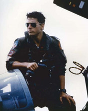 Tom Cruise as Maverick posing on jet in sunglasses 1985 Top Gun 8x10 inch photo