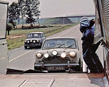 The Italian Job 1969 Mini Cooper on ramp enters van on highway 8x10 photo