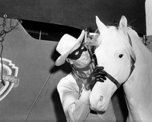 Clayton Moore on WB Lone Ranger set petting Silver 8x10 inch photo