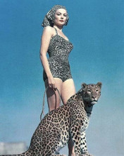 Gene Tierney striking pose in leopard print swimsuit with leopard 8x10 photo