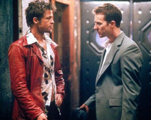 Fight Club Brad Pitt in red leather jacket faces Edward Norton 8x10 inch photo