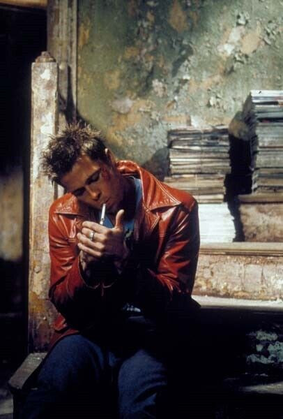 Brad Pitt in red leather jacket lights cigarette Fight Club 8x10 inch photo The Movie Store