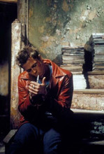 Brad Pitt in red leather jacket lights cigarette Fight Club 8x10 inch photo